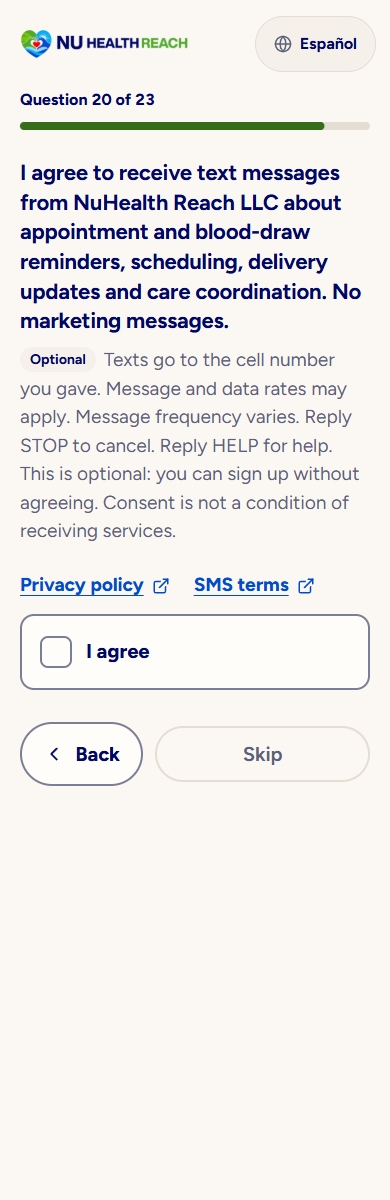 English phone sign-up: consent wording, privacy and terms links, and unticked box.