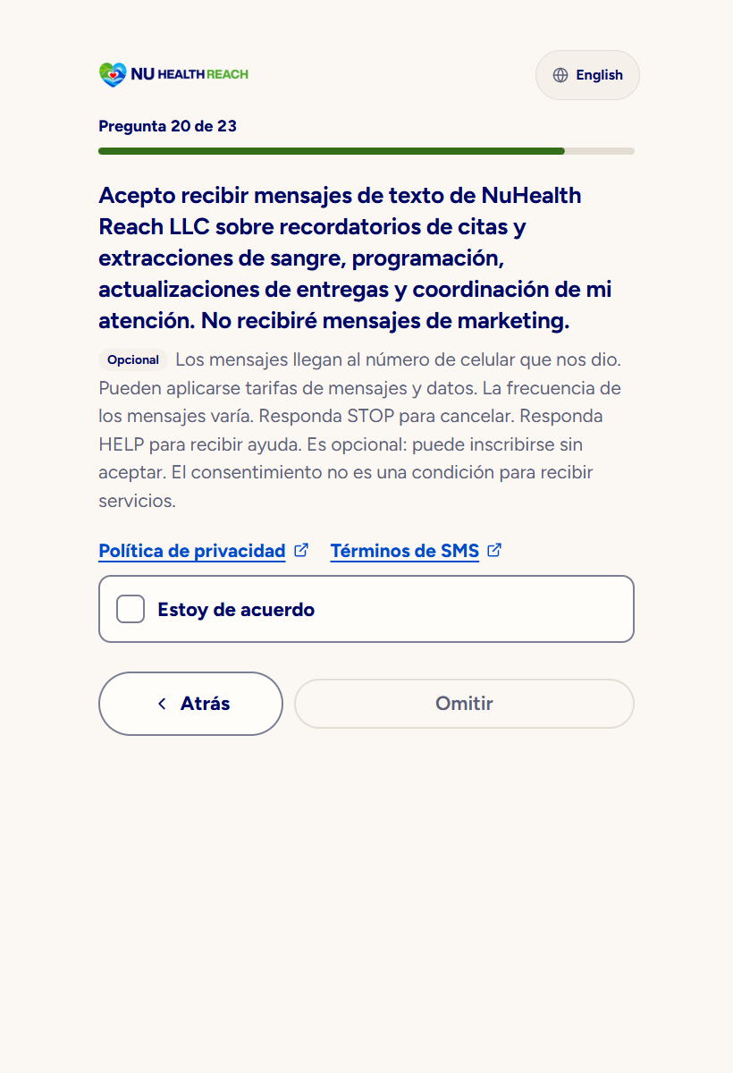 Spanish staff-tablet sign-up: consent wording, privacy and terms links, and unticked box.